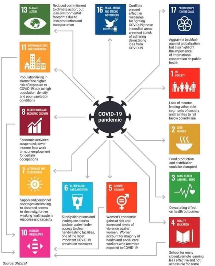 Infographic showing how the COVID-19 Pandemic affects the SDGs.