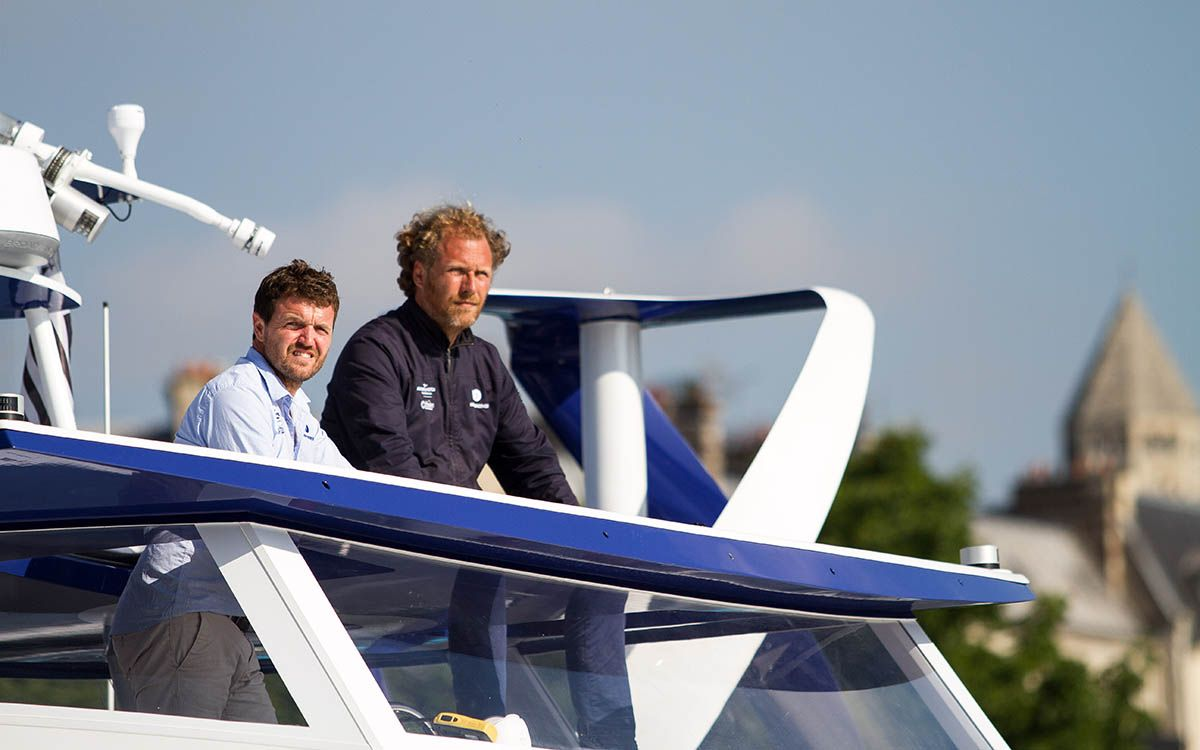 Captain Erussard (left) and expedition leader Delafosse on board the Energy Observer @Energy Observer