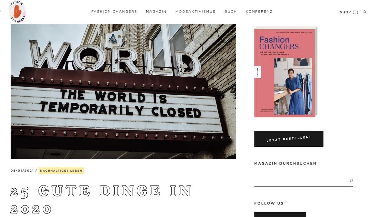 Screenshot des Blogs FashionChangers zeigt alte Kinotafel mit Filmtitel World temporarily closed