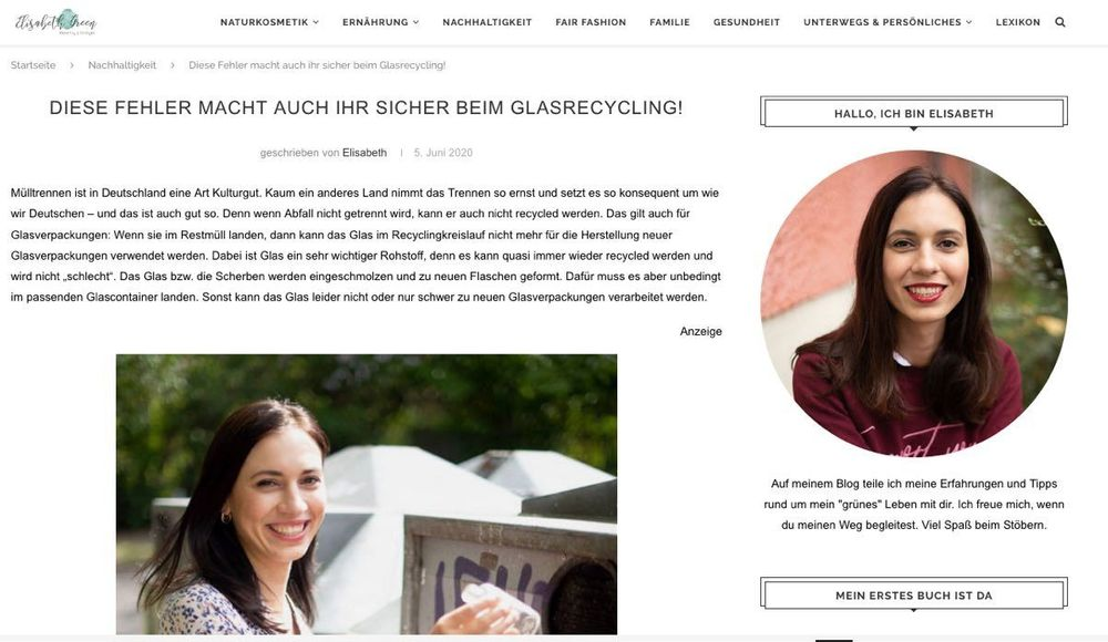 Screenshot from Elisabeth Green's blog on mistakes we make during recycling glass