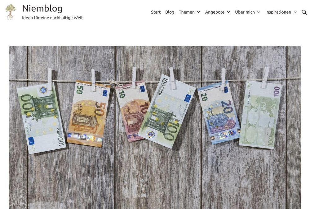 Screenshot of the blog Niemblog, showing euro notes hanging on a clothesline.