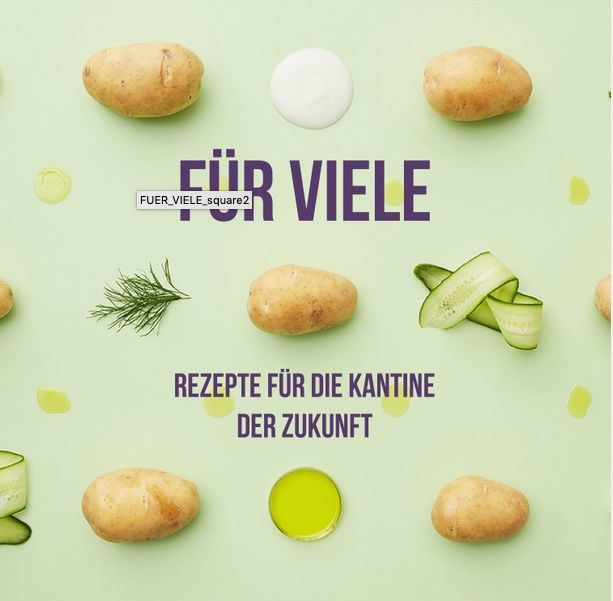 Titelbild Broschüre Kantine Zukunft für nachhaltige Unternehmen, Kartoffeln, Zucchini Kräuter, Kleckse von Öl auf hellgrünem Grund