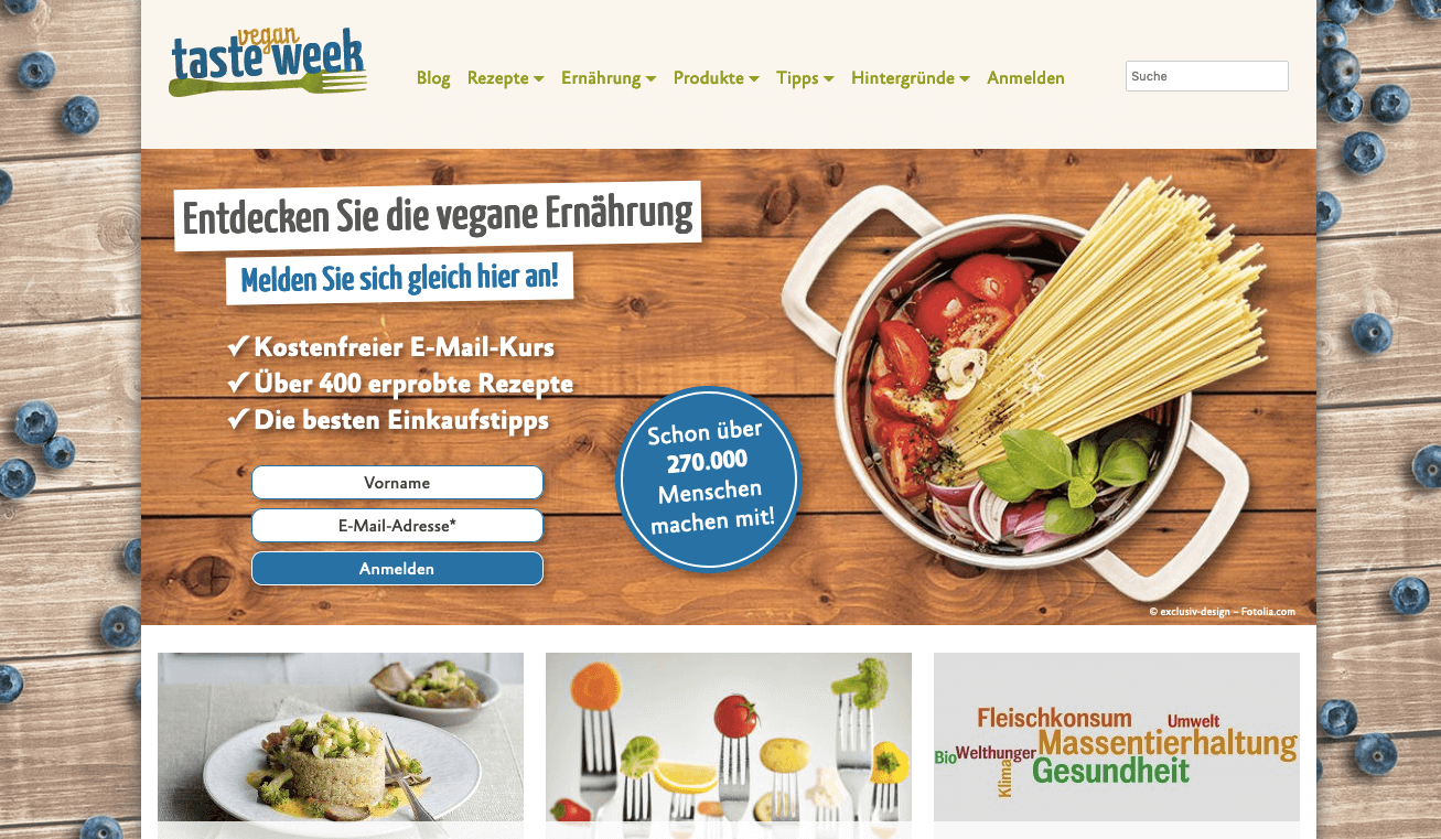 The Vegan Taste week website allows vegan enthusiasts to receive emails with tips and recipes every week.