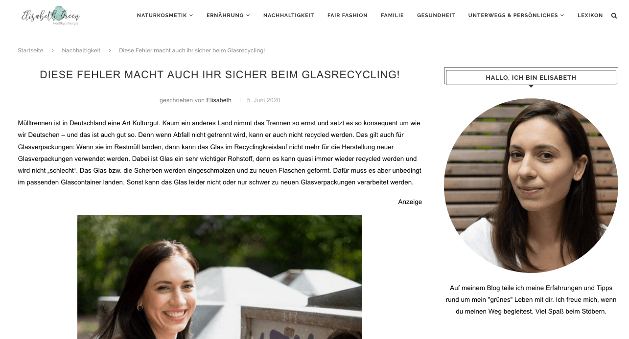 Screenshot aus Elisabeth Greens Blog über Fehler, die wir beim Recycling von Glas machen