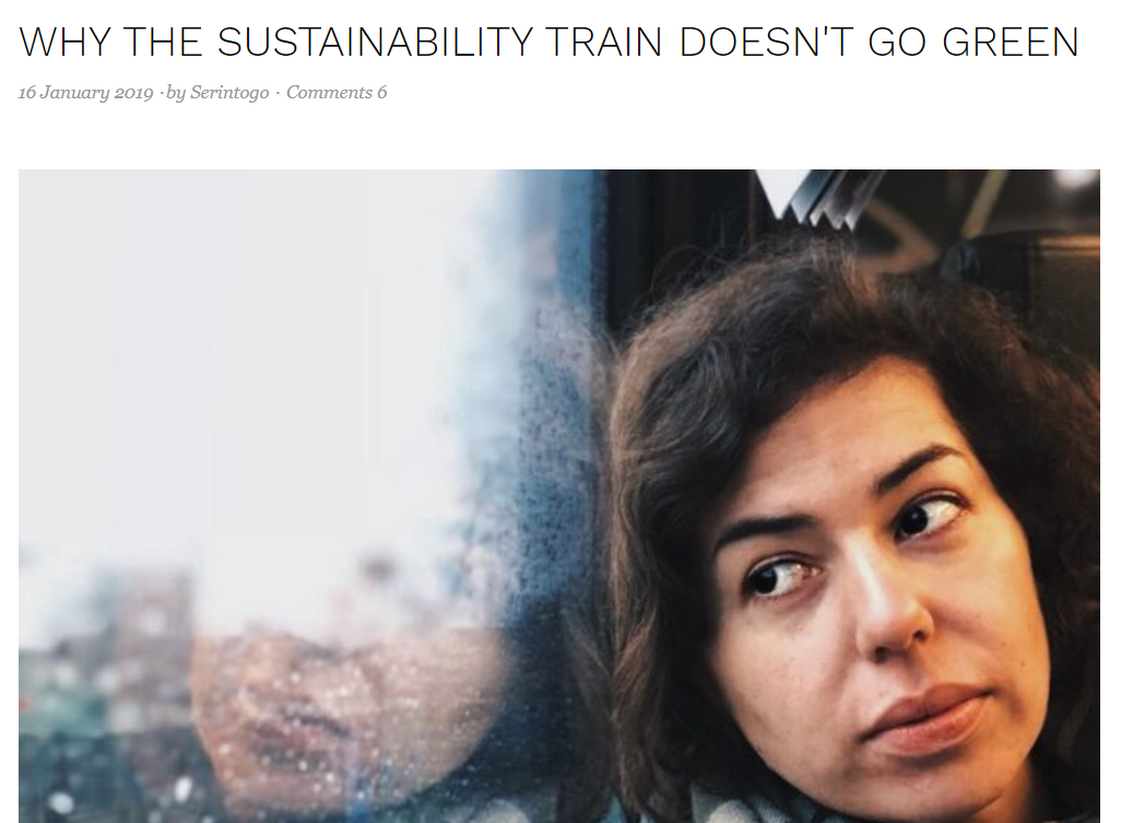 Screenshot of a blog: Woman looking thoughtfully out the window of a train, headline above.