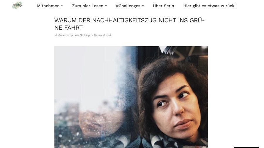 Screenshot eines Blogs: Frau blickt nachdenklich aus dem Fenster eines Zugs, oben Headline