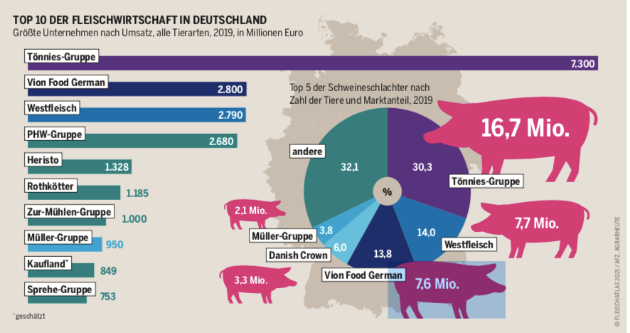 Grafik Tortendiagramm zeigt, welches Unternehmen 2019 wieviele Schweinen schlachtete